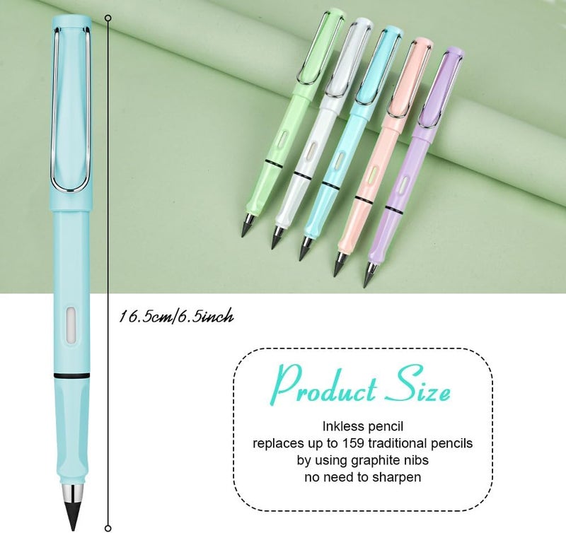 Ainiv Inkless Pencil with Eraser, 5 Sets Infinity Pencil Everlasting Pencil, Reusable Infinite Pencil with Extra 5 Eraser & 5 Replaceable Nibs, Endless Pencil for Home Office School Writing Drawing - Image 2